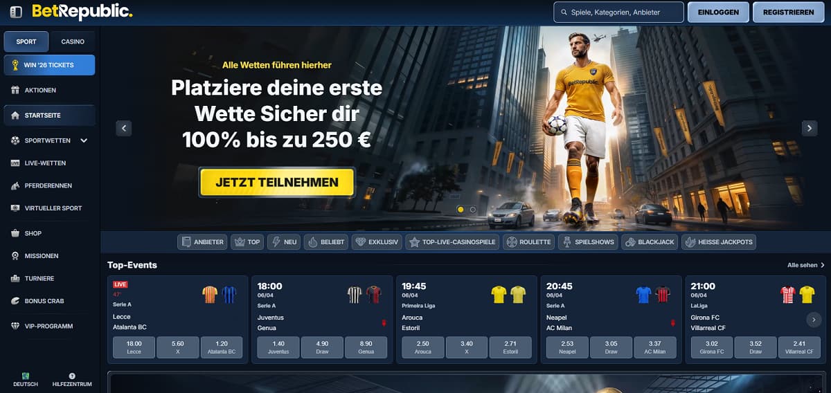 Betrepublic ist eine hervorragende Anlaufstelle für Sportwetten Österreich. Die Plattform ermöglicht es Nutzern, Sporttipps, Live-Wetten und Casino-Spiele nahtlos über ein einziges, kombiniertes Konto zu verwalten und flexibel hin- und herzuwechseln.
