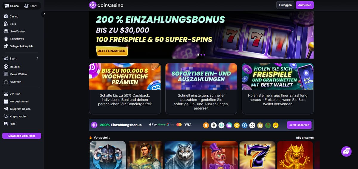 Als Krypto-first-Plattform definiert Coin Casino moderne Sportwetten Österreich neu. Mit über 50 verschiedenen Märkten und einem stark ausgebauten eSports-Bereich ist der Anbieter die erste Adresse für Tipper, die voll auf digitale Währungen setzen.